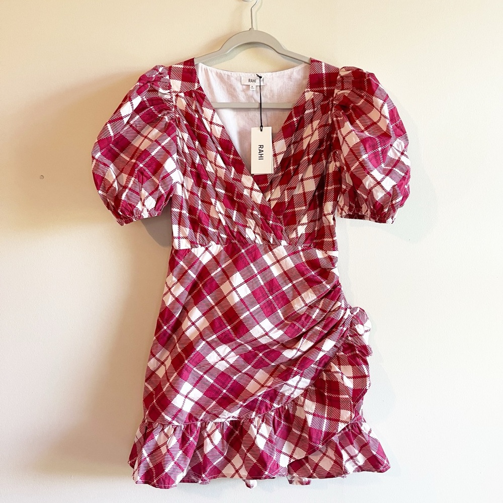 Anthropologie Rahi Faux Wrap Plaid Ruffle Mini Dress Size Small
